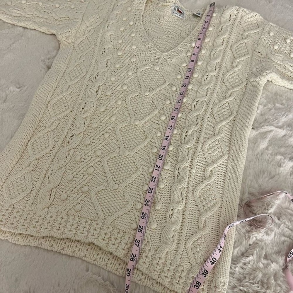 Cream Cable Knit Sweater with pom pom detail, v neck, hand -knit,